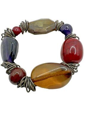 Colorful Chunky Bead Bracelet Stretch Autumnal Vintage Rustic Boho Statement